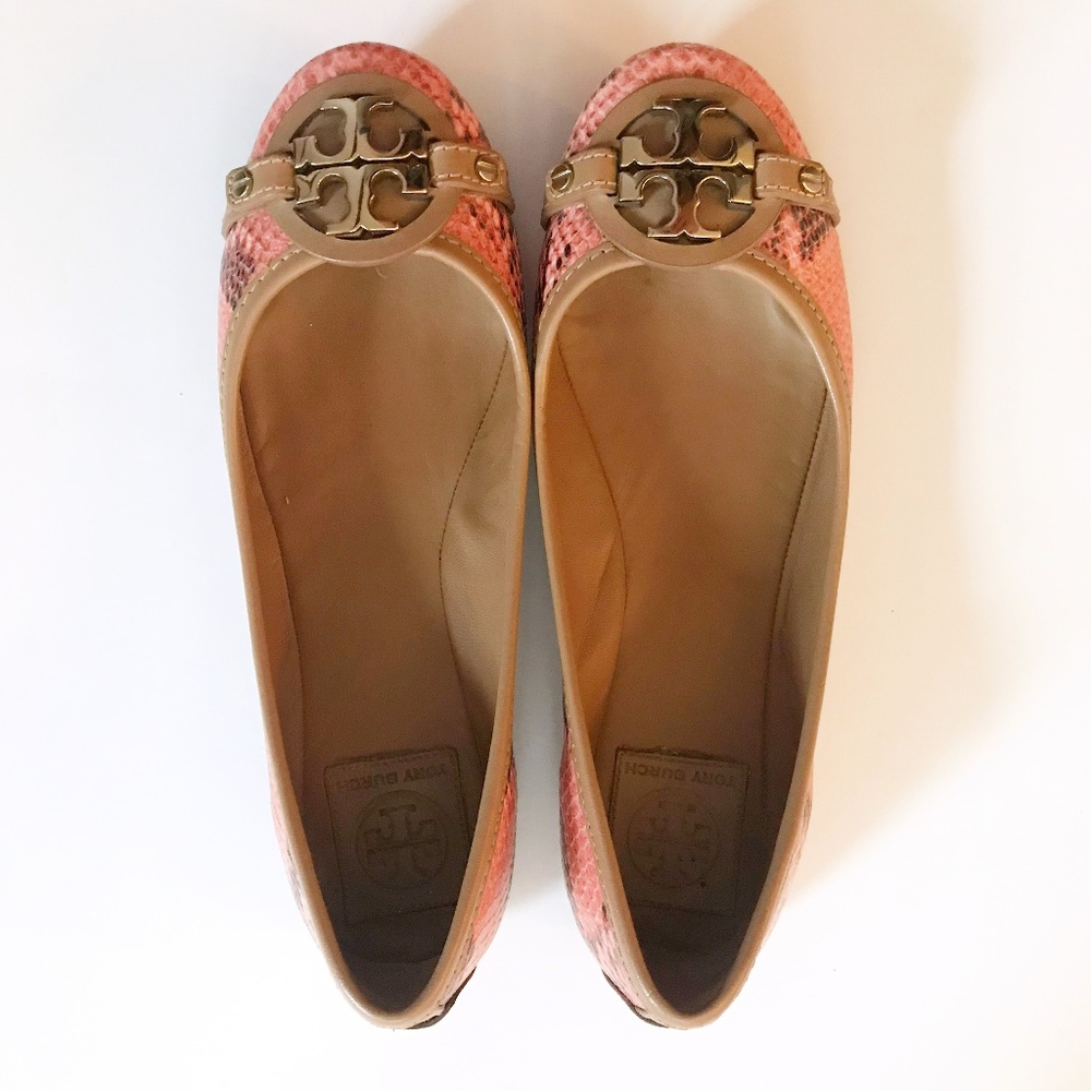 Tory Burch pink snake embossed leather flats